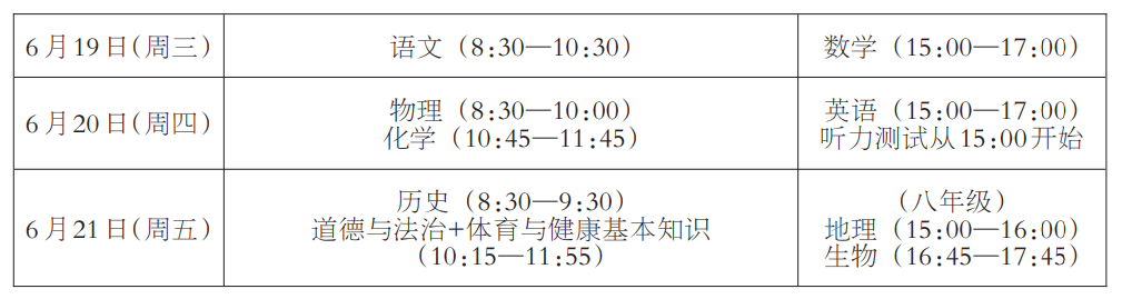 2024年福建平潭中考时间（省级统考，6月19日至21日）