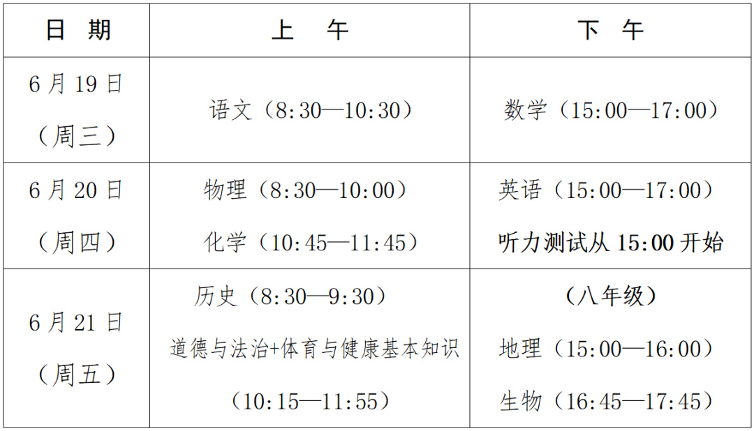 2024年福建中考科目及时间安排