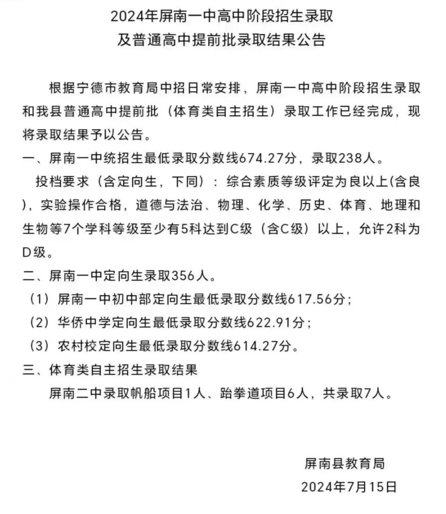 超全！2024年宁德各县(区、市)普高录取线汇总！